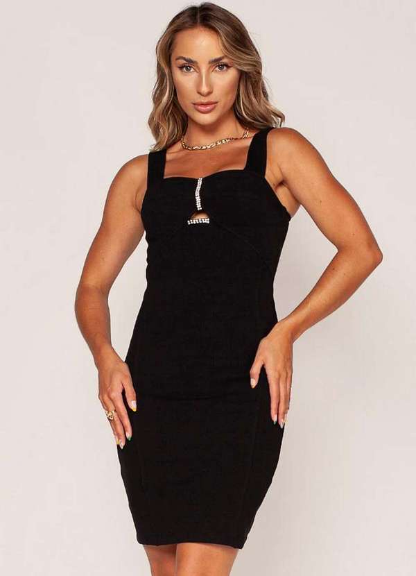Lamis - Vestido Bandagem Curto Detalhe em Pedraria Preto