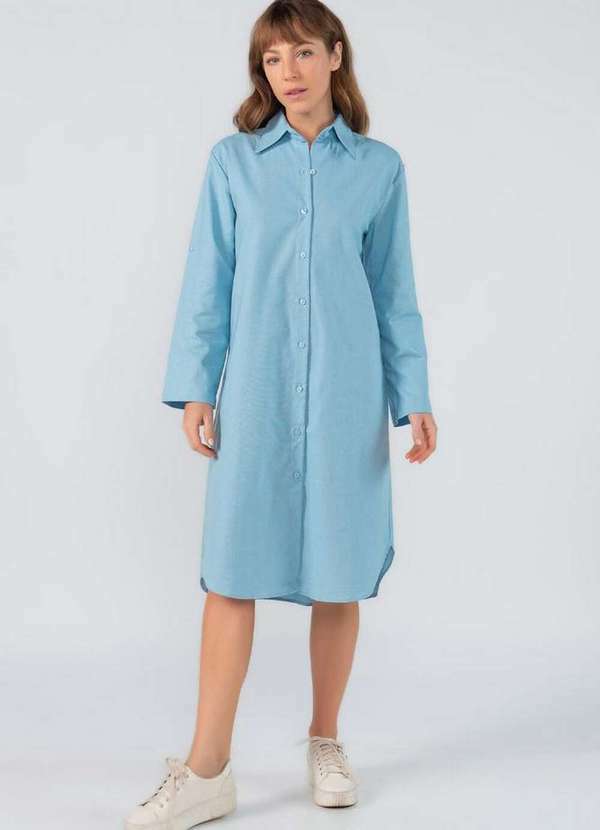Lamis - Vestido Chemise em Linho Oversized com Botoes Azul