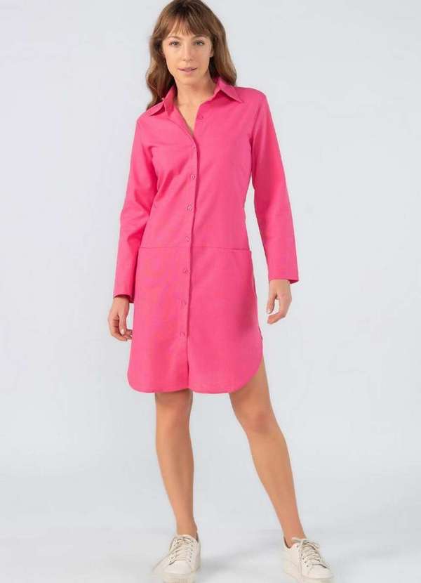 Lamis - Vestido Chemise Manga Longa em Linho com Bolsos Rosa