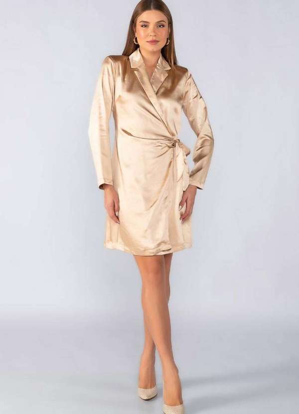 Lamis - Vestido Curto Acetinado Transpassado Bege