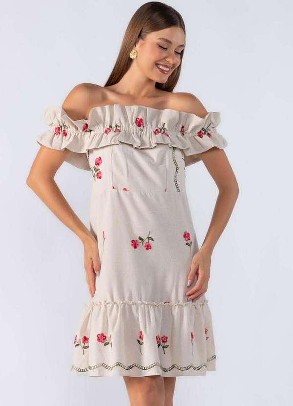 Lamis - Vestido Curto Bordado Ombro a Ombro Bege