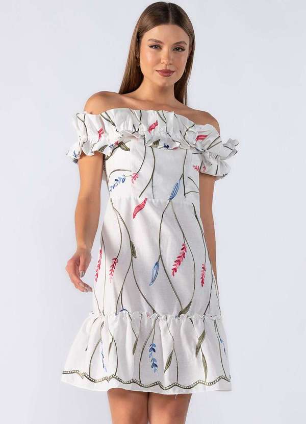 Lamis - Vestido Curto Bordado Ombro a Ombro Off White