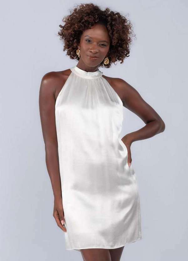 Lamis - Vestido Curto Cetim com Detalhe Laco Off White