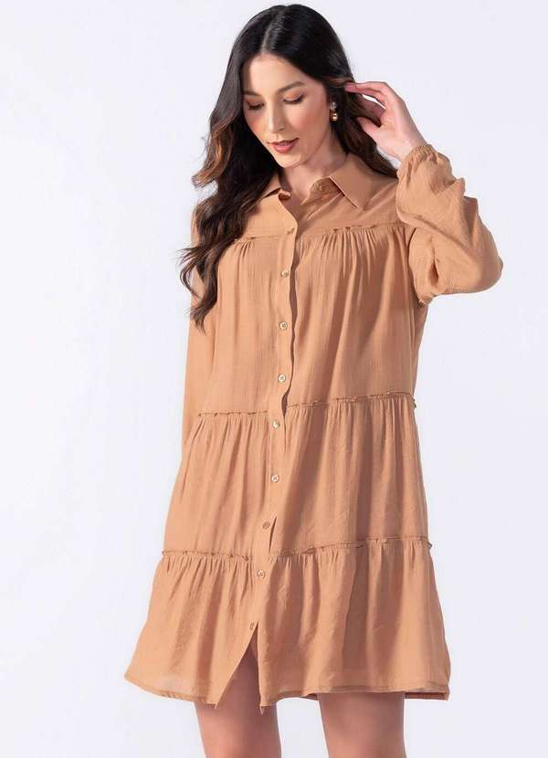 Lamis - Vestido Curto com Camadas e Manga Longa Caqui 2