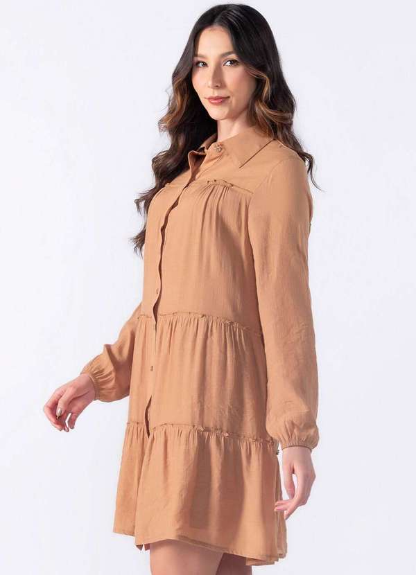 Lamis - Vestido Curto com Camadas e Manga Longa Caqui 3