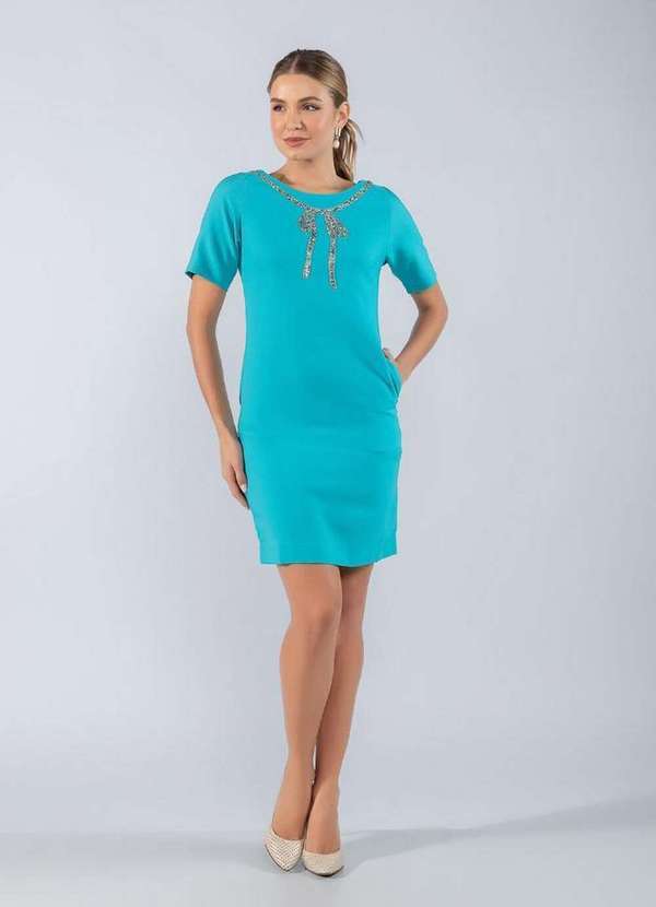 Lamis - Vestido Curto de Manga com Detalhe Strass Azul