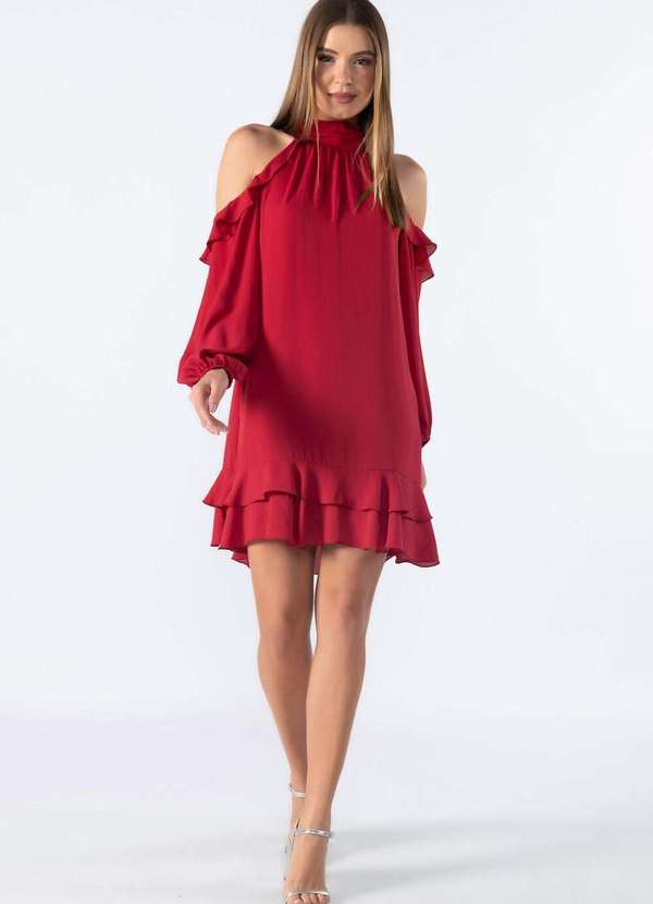 Lamis - Vestido Curto e Detalhes em Babado Vinho 2