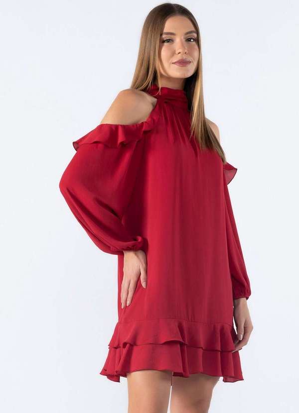 Lamis - Vestido Curto e Detalhes em Babado Vinho 3