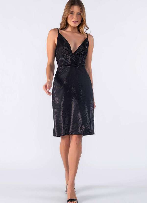 Lamis - Vestido Curto Metalizado com Decote Transpassado Preto