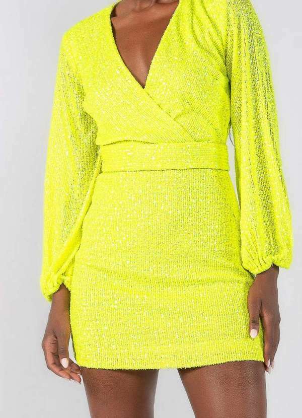 Lamis - Vestido Curto Paete Manga Longa Verde Neon