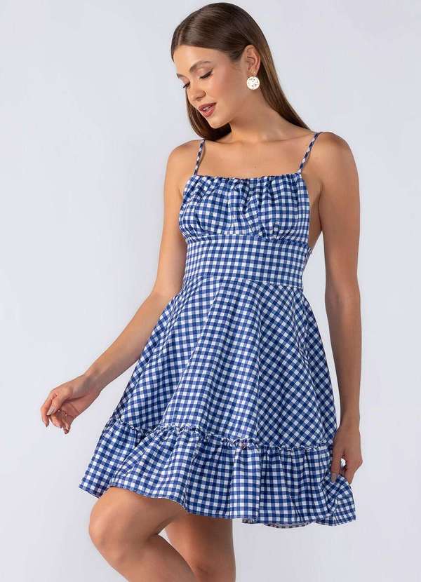 Lamis - Vestido Curto Xadrez Alça Fina Regulavel Azul 2