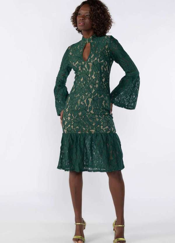 Lamis - Vestido de Renda com Fundo Bege Verde