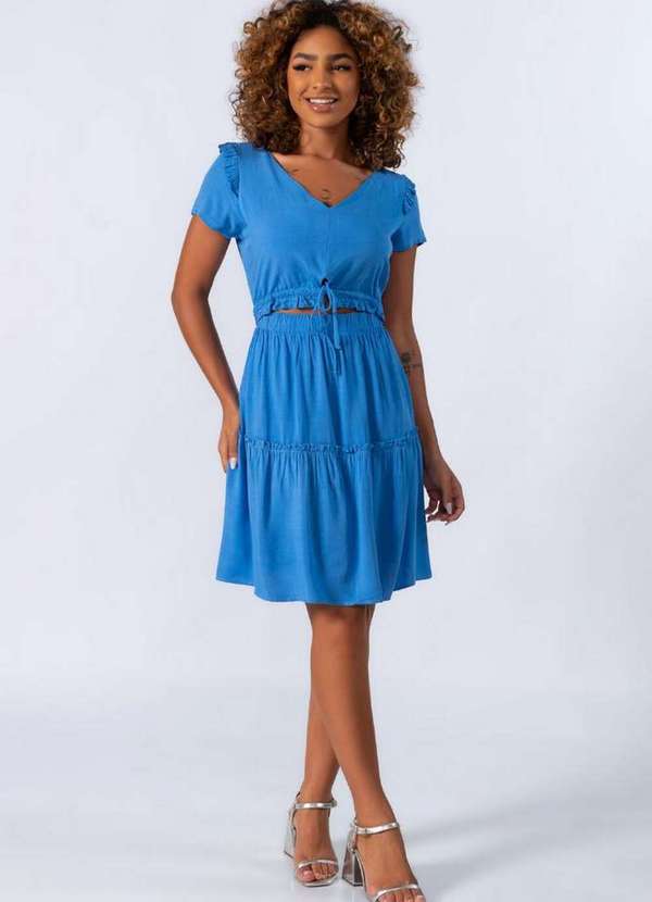 Lamis - Vestido em Viscose com Babados e Ziper Azul