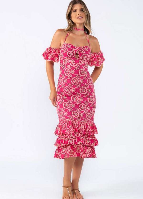 Lamis - Vestido Laise Bordado Babado na Barra Pink