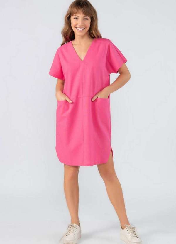 Lamis - Vestido Linho Amplo Manga Curta com Bolsos Rosa