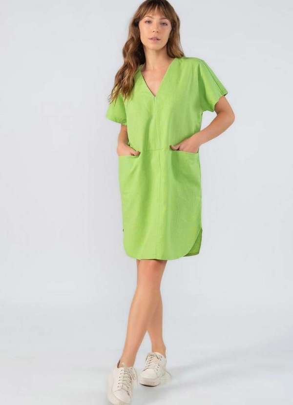 Lamis - Vestido Linho Amplo Manga Curta com Bolsos Verde