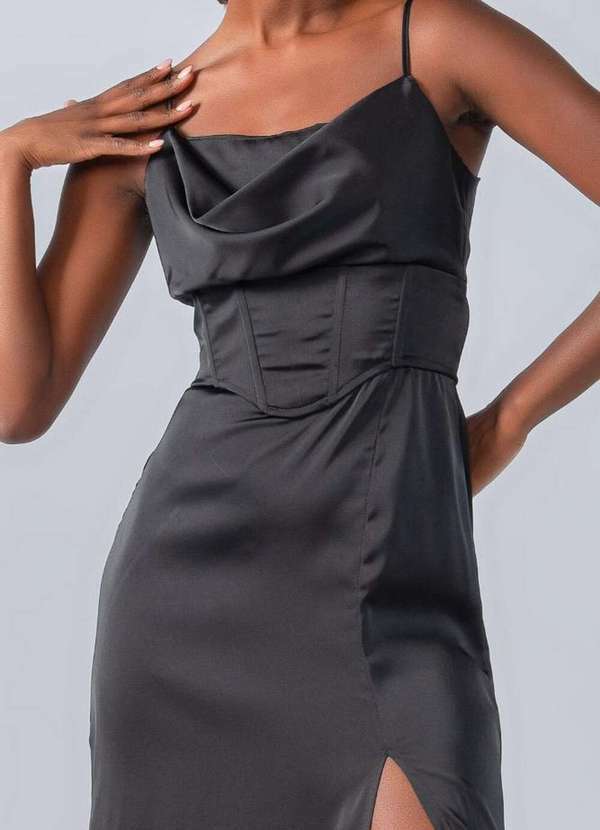 Lamis - Vestido Longo Acetinado Pala Cintura e Fenda Preto