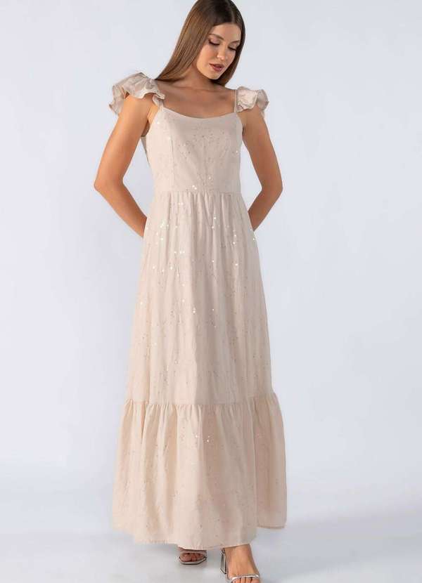 Lamis - Vestido Longo Babados na Alça Bege