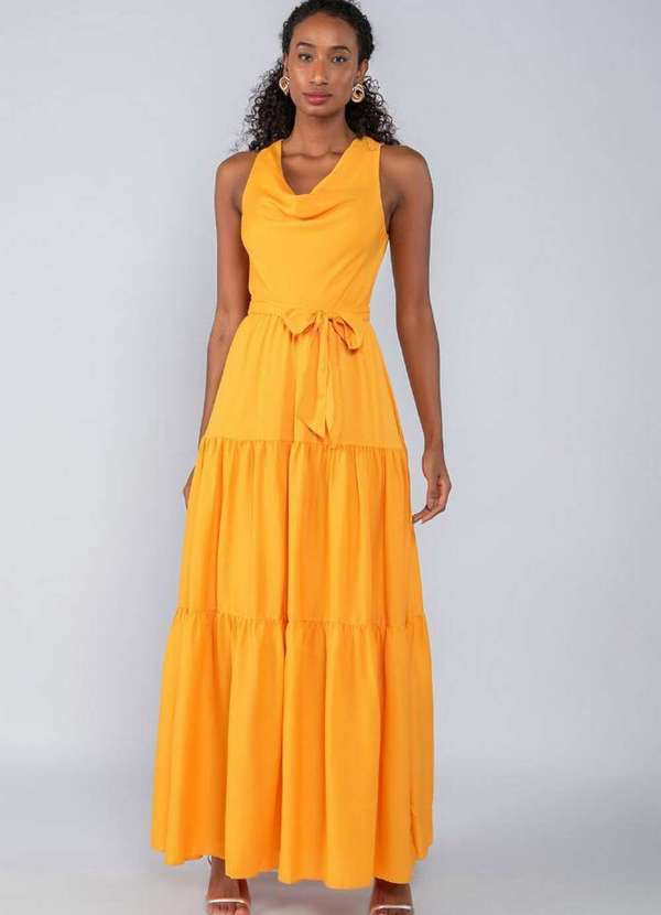 Lamis - Vestido Longo Barra Tres Marias e Gola Caida Laranja