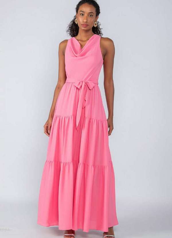 Lamis - Vestido Longo Barra Tres Marias e Gola Caida Rosa