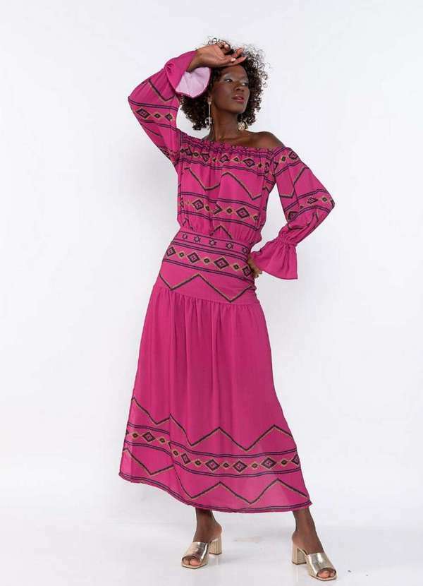 Lamis - Vestido Longo Ciganinha em Crepe Luanda Rosa Fucsia