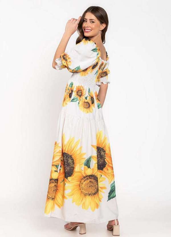 Lamis - Vestido Longo Ciganinha Lastex Estampa Girassois Amarelo