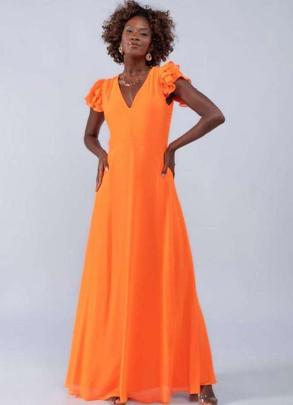 Vestidos largos de chiffon con mangas cap y abertura Lavanda