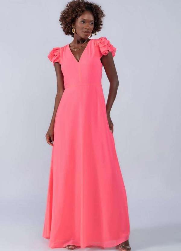 Lamis - Vestido Longo com Babado nas Mangas em Chiffon Rosa