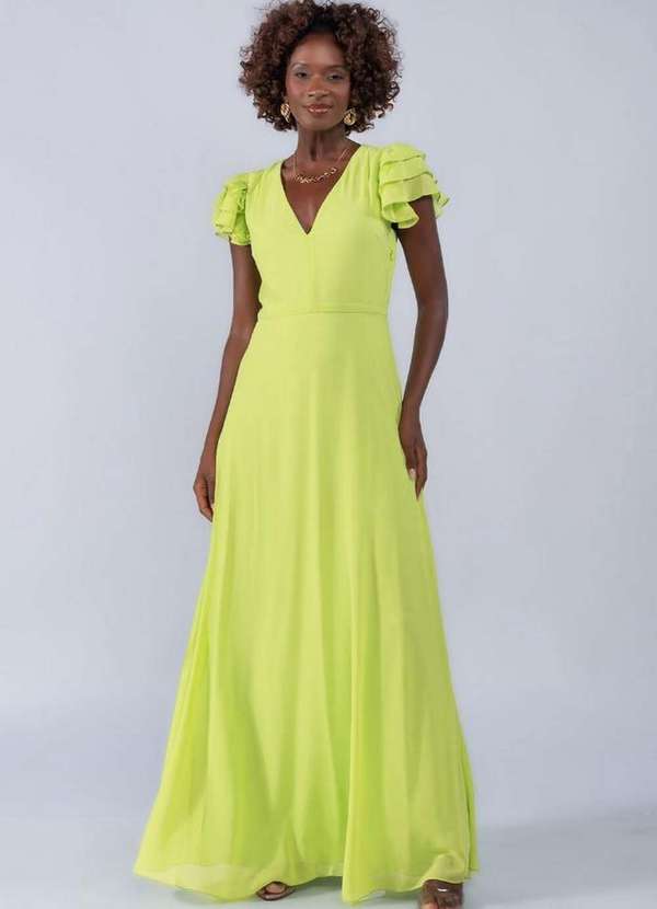 Lamis - Vestido Longo com Babado nas Mangas em Chiffon Verde