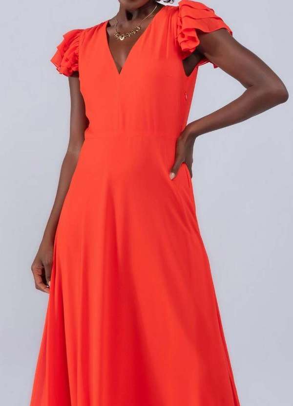 Lamis - Vestido Longo com Babado nas Mangas em Chiffon Vermelho