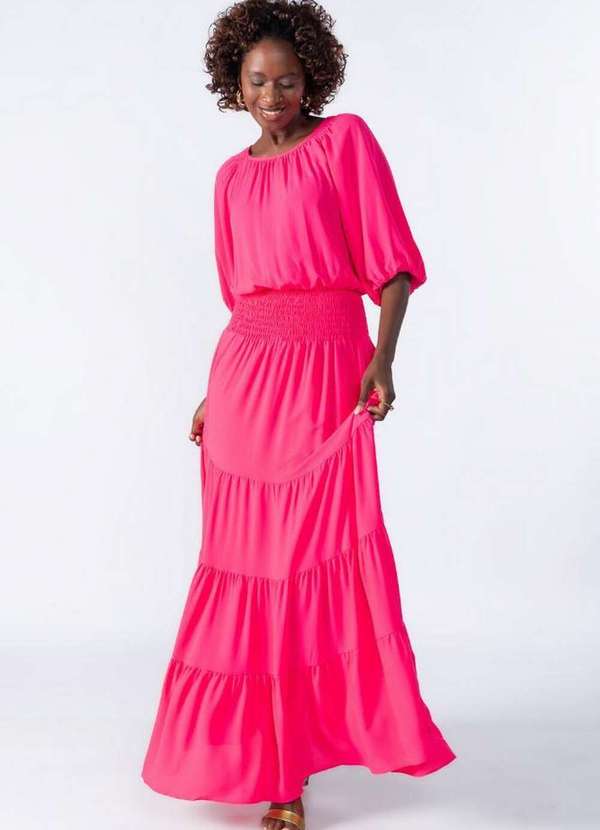 Lamis - Vestido Longo com Elastico e Babados Rosa