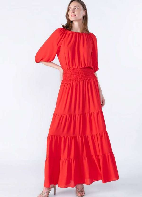 Lamis - Vestido Longo com Elastico e Babados Vermelho