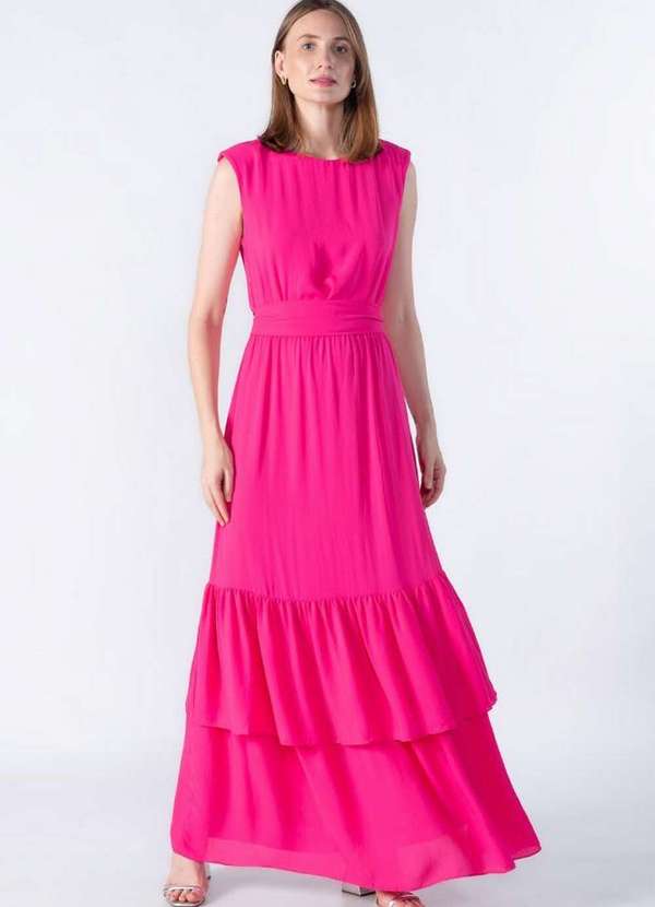 Lamis - Vestido Longo com Ombreira e Babado Pink