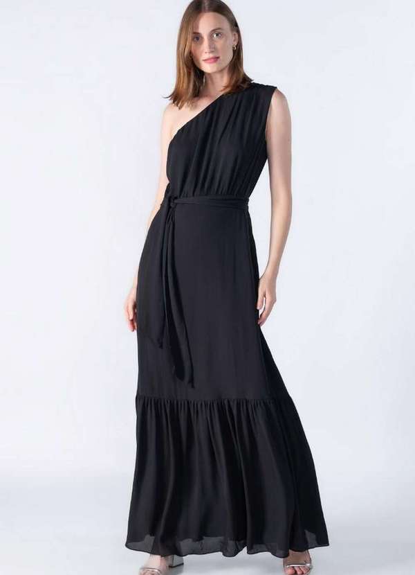 Lamis - Vestido Longo Crepe um Ombro Preto