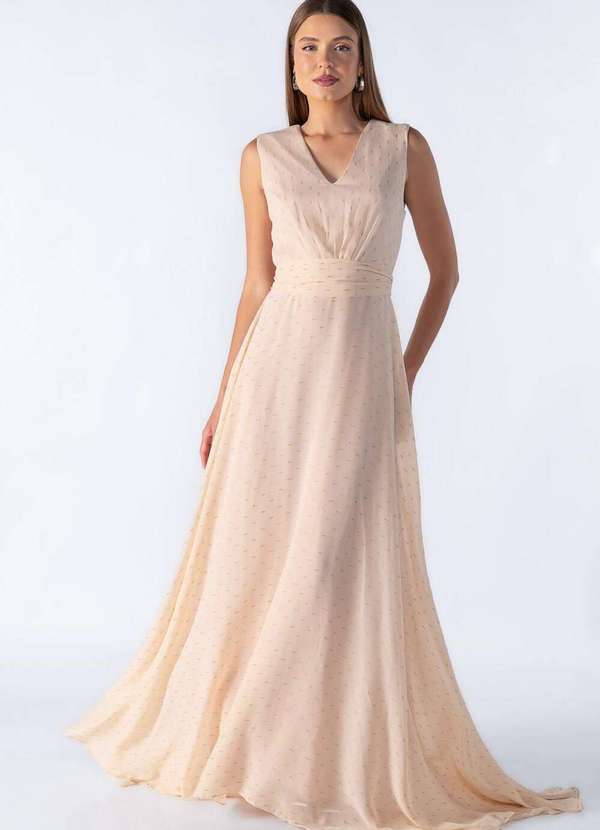 Lamis - Vestido Longo Decote em V com Pregas Bege 2