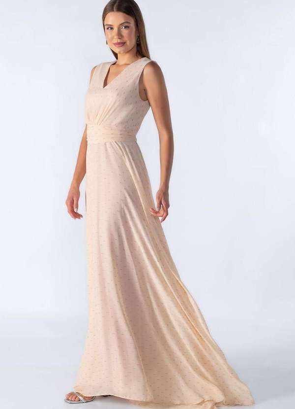 Lamis - Vestido Longo Decote em V com Pregas Bege 3