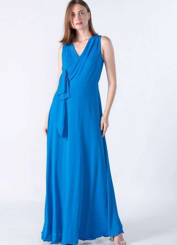 Lamis - Vestido Longo Decote Transpassado Azul