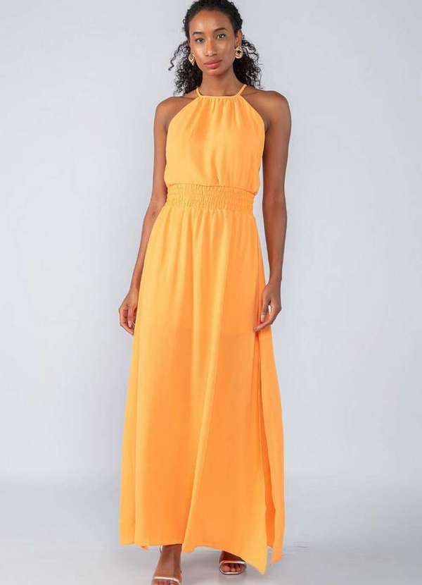 Lamis - Vestido Longo em Crepe Cavado e Elastico Cintura Laranja