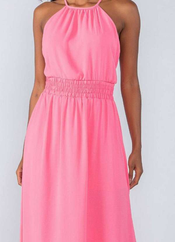 Lamis - Vestido Longo em Crepe Cavado e Elastico Cintura Rosa