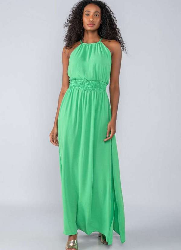 Lamis - Vestido Longo em Crepe Cavado e Elastico Cintura Verde 2