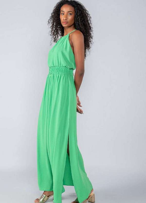 Lamis - Vestido Longo em Crepe Cavado e Elastico Cintura Verde 3