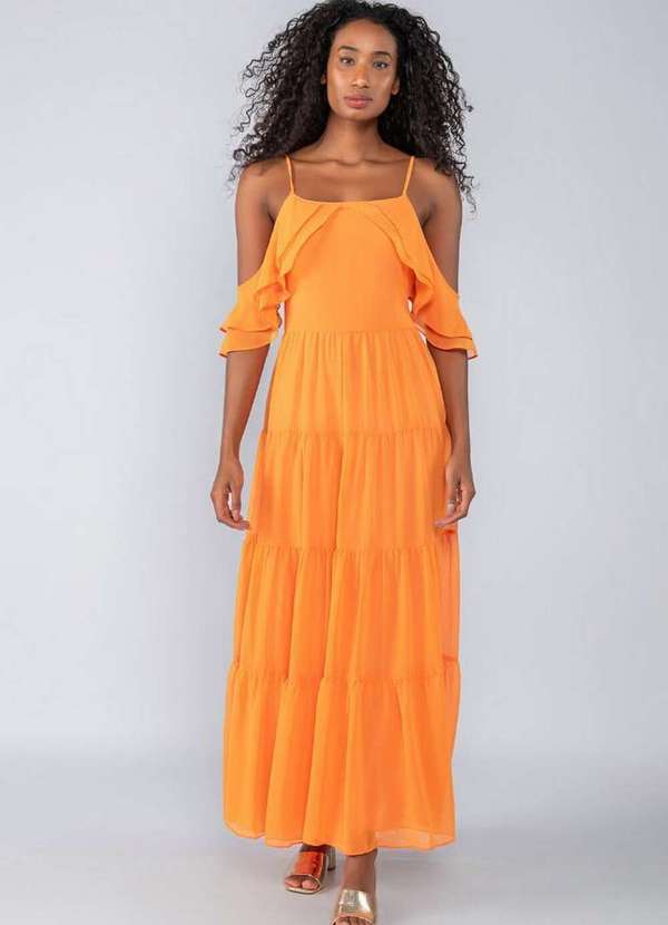 Lamis - Vestido Longo em Crepe com Babado Laranja