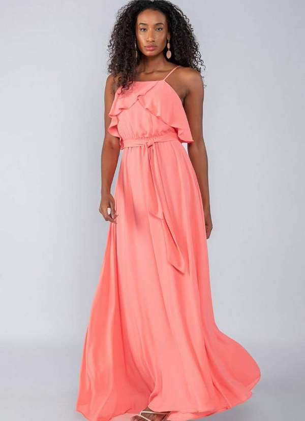 Lamis - Vestido Longo em Crepe de Alca Babado Goiaba 3