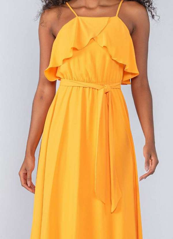 Lamis - Vestido Longo em Crepe de Alca Babado Laranja