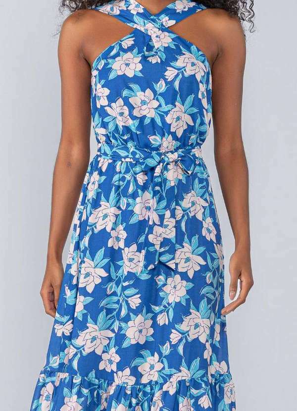 Lamis - Vestido Longo em Crepe Floral Decote Cruzado Azul