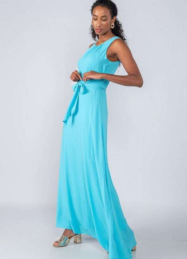 Lamis - Vestido Longo em Crepe Franzido Busto Azul 3