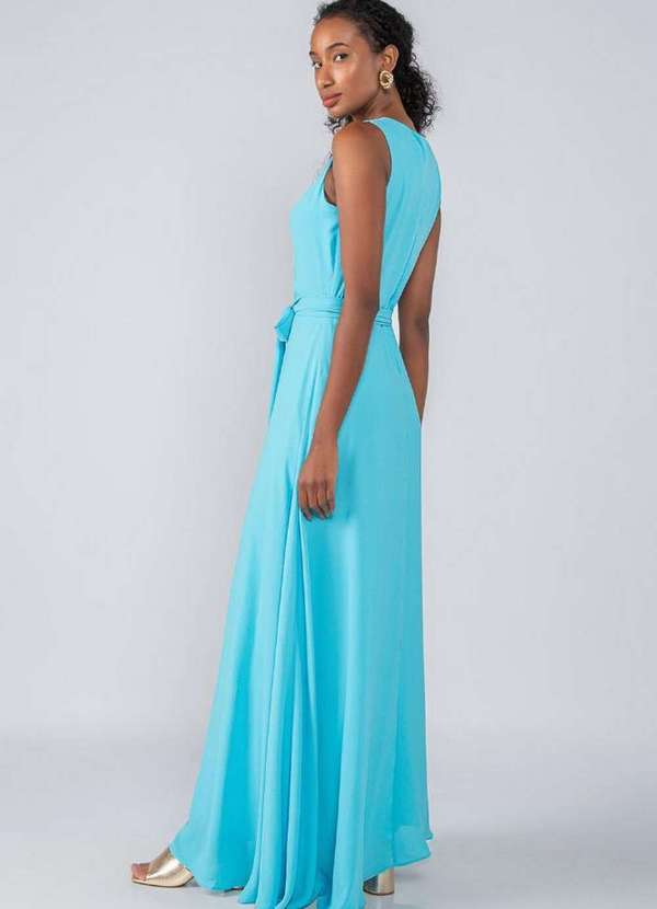 Lamis - Vestido Longo em Crepe Franzido Busto Azul 4