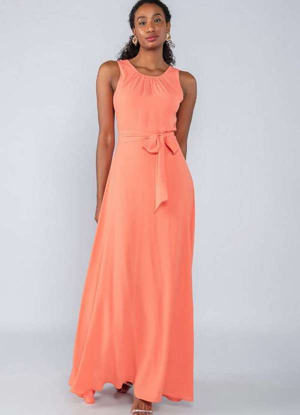 Lamis - Vestido Longo em Crepe Franzido Busto Coral