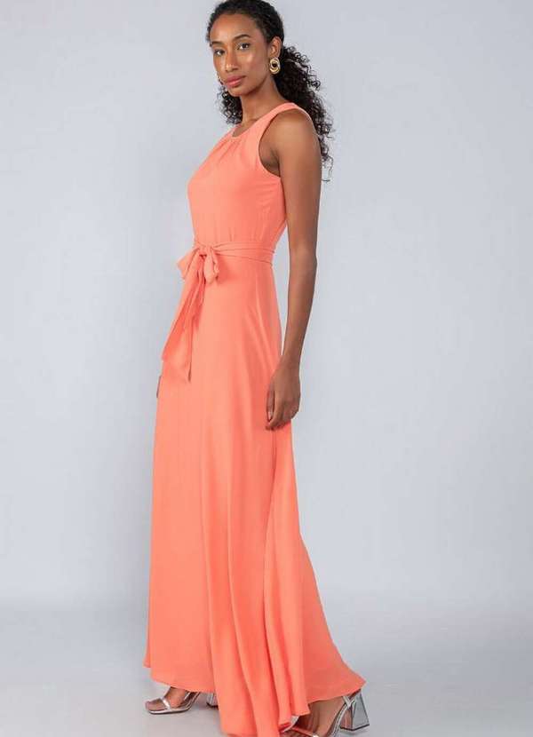 Lamis - Vestido Longo em Crepe Franzido Busto Coral 3