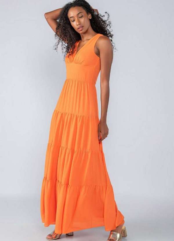 Lamis - Vestido Longo em Crepe Liso Barra Tres Marias Laranja 3